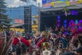 fair with marimba music with treat dancing with feather costumes in cajola, quetzaletanno guatemala,