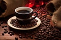 fair trade coffee beans around a coffee cup Royalty Free Stock Photo