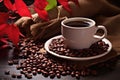 fair trade coffee beans around a coffee cup Royalty Free Stock Photo