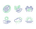 Fair trade, Rainy weather and Sun protection icons set. Pecan nut, Organic tested and Sunset signs. Vector Royalty Free Stock Photo