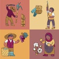 Colored cards with sugar cane farmer, banana collector, vine yard owner, cotton collector