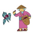 Coffee beans collector in a national costume with a basket in a doodle style