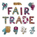 Fair trade color doodle with lettering and products of fair trade