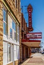 Retro sign for old Tall Chief theater and marquee for Killers of Flower Moon in small Osage County