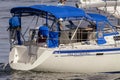 Stern of sailboat Prescinding as she eases across New Bedford harbor Royalty Free Stock Photo