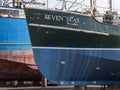 Bow of commercial fishing boat Seven Seas in shipyard Royalty Free Stock Photo