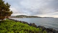 Fairhaven skyline at sunset. View from Fisherman`s memorial at Zuanich Point Park. Royalty Free Stock Photo