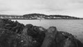 Fairhaven skyline at sunset. View from Fisherman`s memorial at Zuanich Point Park. Black and white. Royalty Free Stock Photo