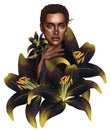 Fairies of Flowers for fabric design. Beautiful black lilies with a girl, digital illustration,.