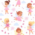 Fairies seamless pattern. Cute winged girls. Young flying sorceresses. Little princess in pink dresses. Baby