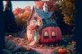 Fairly tale punpkin house in autumn garden, ai illustration