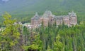 The Fairmont Banff Springs hotel and spa in Banff Springs, Canada during a foggy day