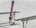 FAIRMONT HOT SPRINGS, CANADA - MARCH 16, 2020: skis on a stand in snow winter resort