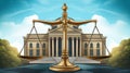 Fairness scales of justice against a court house building background banner, representing the concept of business