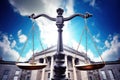 fairness scales of justice against court house building and blue sky background banner