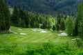 Fairway, sand traps, and green nestled into an alpine woodland, golf course background