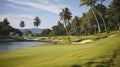 Fairway to Heaven. Landscape of a beautiful green golf course with blue sky. Generative AI Royalty Free Stock Photo