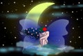 Fairy sitting on the moon in a starry night, fantasy, cartoon.