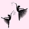 Fairy ballerina princess with crown, magic wand and starry tutu vector silhouette outline