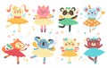 Fairy ballerinas animals. Funny girly dancers, little animals sorceresses, magic wands and wings, cute princesses in