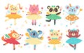 Fairy ballerinas animals. Funny girly dancers, little animals sorceresses, magic wands and wings, cute princesses in colorful Royalty Free Stock Photo