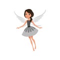 Fairy with big shiny eyes in flying action. Cute girl dressed in fancy dress. Mythical creature with magic wings