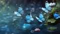 Fairy blue morpho butterflies on water Royalty Free Stock Photo