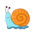 Fairy blue snail with bright orange shell. Adorable doodle character. Vector line design element for sticker, children