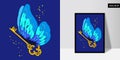 Fairy butterfly like key. Picture colorful key with wings. Beautiful magic poster.