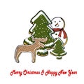 Fairy cartoons cute christmas ginger cookies forest brown deer, snowman, green christmas tree in white snow