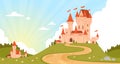 Fairy castle landscape. Cartoon magic rose palace on greem hill. Fantasy medieval kingdom tower. Fairytale fantasy Royalty Free Stock Photo