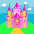Fairy castle, Pink palace. Vector illustration for children, kids tales