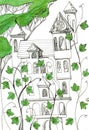 Fairy castle with towers among the climbing plants. Fantasy drawing