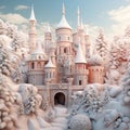 Fairy castle and winter landscape on snowy weather with snowfall. By generative Ai Royalty Free Stock Photo