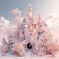Fairy castle and winter landscape on snowy weather with snowfall. By generative Ai Royalty Free Stock Photo