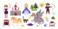 Fairy characters. Tale with cartoon king and queen. Unicorn or dragon. Medieval castle. Prince and princess. Horse with coach. Royalty Free Stock Photo