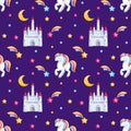 Pretty unicorn and castle seamless pattern