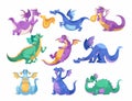 Fairy Colored Dragons as Winged and Horned Legendary Creature Vector Set