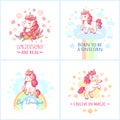 Fairy unicorn poster. Sweet rainbow magic unicorns from happy dreams printable posters vector set