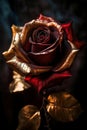 Fairy dark red rose with golden petals, fabulous flower close-up with gold leaf over black background. Beautiful vintage greeting Royalty Free Stock Photo