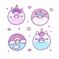 Fairy dessert with unicorn rainbow donuts color icons set Royalty Free Stock Photo