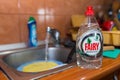Fairy dishwashing liquid on kitchen sink, flowing tap water in the background.