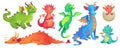 Fairy dragons. Funny fairytale dragon, cute magic lizard with wings and baby fire breathing serpent cartoon isolated