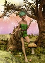 A scene of a fairy dressing in green flying in a fantasy meadow. Royalty Free Stock Photo