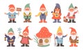 Fairy dwarf. Cartoon gnome characters with funny hats. Little magical bearded midgets. Isolated fictional lilliputians greeting