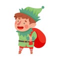 Fairy Elf in Green Hat and Red Stocking Carrying Sack with Gifts Vector Illustration Royalty Free Stock Photo