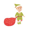 Fairy Elf in Green Hat and Red Stocking Carrying Sack with Gifts Vector Illustration Royalty Free Stock Photo