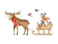 Fairy elk drags a wooden sleigh with gifts,