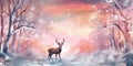 Fairy fantasy pink winter snowy forest during snowfall with deer on middle. Christmas banner. Royalty Free Stock Photo