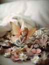 A fairy figurine sitting on a bed of flowers. AI generative image Royalty Free Stock Photo